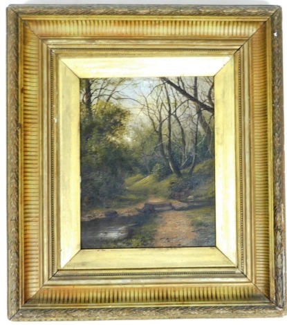 Albert Gilbery. Spring Balley, Trentham, woodland path, oil on canvas, unsigned, 24cm x 19cm, in gilt frame.