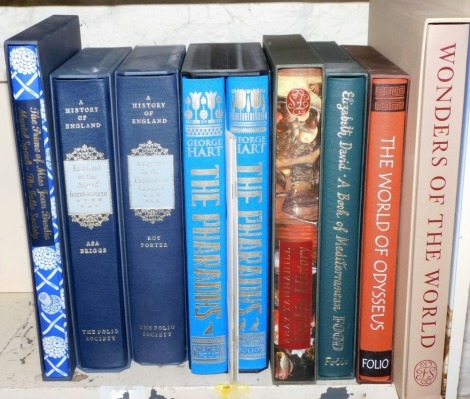 Folio Society. Nine editions, to include two volumes of The History of England, The prime of Miss Jean Brodie, The Farrows volumes 1 and 2, Food In History, A Book of Mediterranean Food, The World of Odysseus and Wonders of The World. (9)