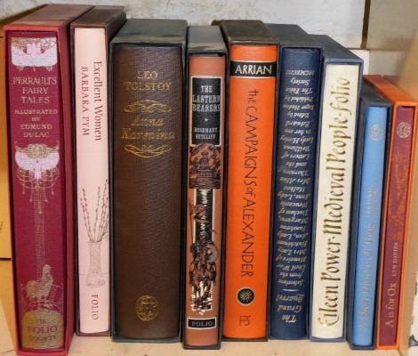 Folio Society. Nine volumes, to include Fairy Tales, Excellent Women, Anna Karenina, The Lantern Bearers, The Campaigns of Alexander, Medieval People, Short History of Time, A is for Ox and The Grand Luarrel. (9)