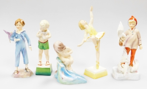 A group of Royal Worcester figures, being Tuesdays Child, Parakeet, August, Fridays Child and November. (5)