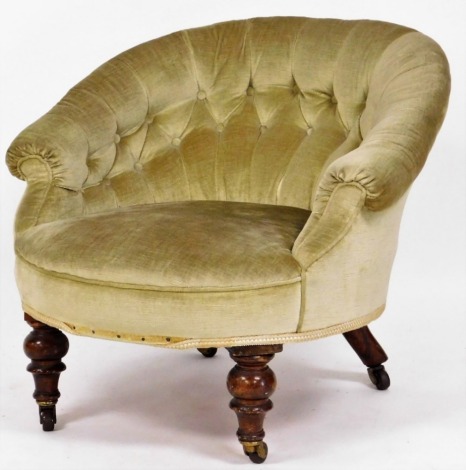 A Victorian walnut salon chair, green upholstery button back, 63cm high.