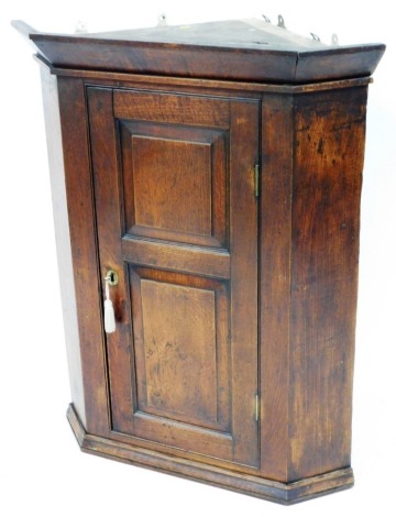 A George III oak corner cabinet, with two panelled door on moulded cornice, with brass key plate, 102cm high, 82cm wide, 52cm deep.