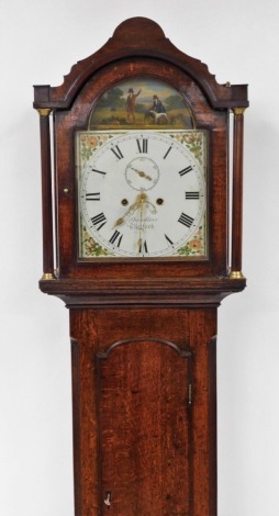 Spendlove of Thetford. A George III oak longcase clock, with a painted dial depicting figures and greyhounds with flowers, with eight day movement, date dial and seconds, with arched pediment top and single door, on bracket feet, with pendulum and weight