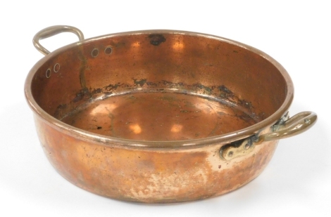 A Victorian copper two handled skillet, 52cm diameter.