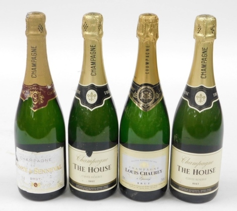 Four bottles of champagne, to include two bottles of The House, a Louis Chaurey, a Comte De Senneval. (4)