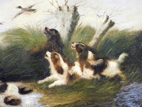 19thC English School. Spaniels putting up ducks amid reeds and tree stumps, oil on canvas, 31cm x 41cm.