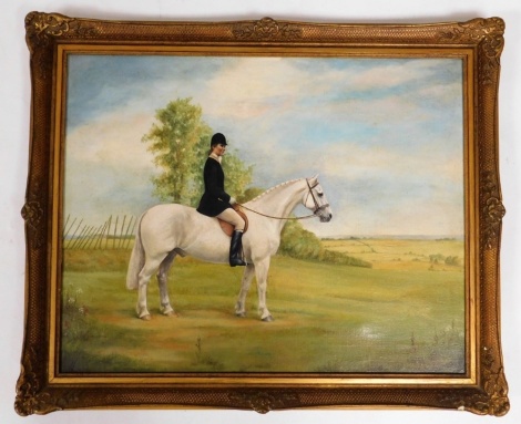 20thC School. Lady on horseback, oil on canvas, 40cm x 51cm, gilt framed.