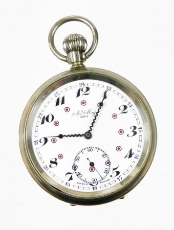 A No-Mag nickel silver pocket watch, with white enamel dial and seconds subsidiary with blue waved hands, marked 820, bezel wind, 5cm diameter.