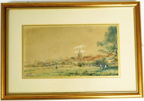 A Murray. Landscape with church and village in the background and figure in a filed to the foreground, watercolour, signed, 14cm x 26cm.