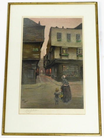 Cecil Aldin (1870-1935). Nocturnal town scene with figures, colour print, signed in pencil with blind stamp, Fine Art Trade Guild, plate size 39cm x 25cm, framed and glazed.