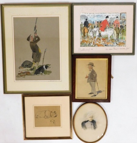 Mark Huskinson. Style, signed aquatint, shooting scene, further colour hunting print by the artist, oval portrait watercolour of an elderly lady and similarly of a gentleman with a shooting stick. (5)