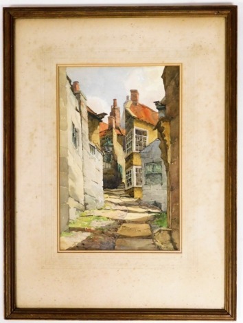 D Mowllion. Back street and houses, watercolour, signed, 32cm x 23cm, framed and glazed.