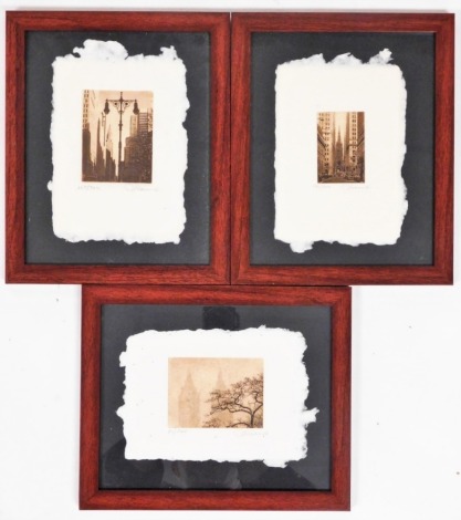 Three limited edition New York scenes, in sepia engraving, framed and glazed, by Michael J Leu.