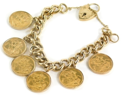 A yellow metal curb link bracelet with 9ct gold lock, set with six full gold sovereigns for 1897, 1898, 1899, 1898, 1898, and 1895, 96.3g all in.