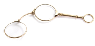 A pair of 9ct gold lorgnette, with two lenses and loop stamped 375, maker's stamp PE.