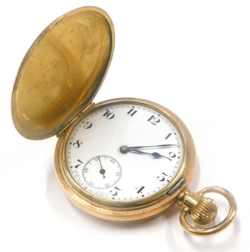 A Star Dennison gold plated hunter pocket watch with white enamel dial blue hands cased