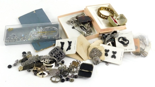 A group of jewellery and effects, Victorian style steel jewellery, marcasite set jewellery, bangles, necklaces, tortoise shell loop, etc. (1 tray)