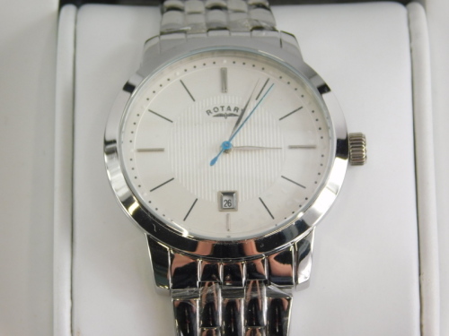 A stainless steel Rotary gent's wristwatch, with white dial, blue seconds hand and date aperture, numbered GB42825/02 (14717), waterproof to 100m, the dial 4cm wide, boxed.