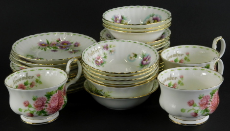 A Royal Albert Flowers of The Month November October, etc., Harlequin part service, to include large cups, saucers, 15cm wide, etc., printed marks beneath. (a quantity)