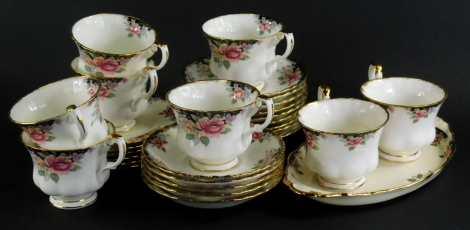 A Royal Albert Concerto pattern part service, comprising serving dish, eight cups, 5cm high, side plates and saucers, printed marks beneath. (a quantity)