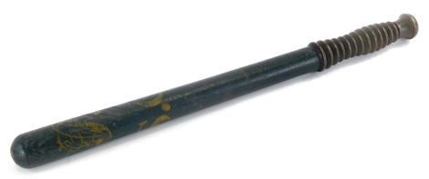 A Victorian special constable truncheon, of turned ebonised form, with yellow coloured crown design and turned handle, compressed pommel, 46cm wide.