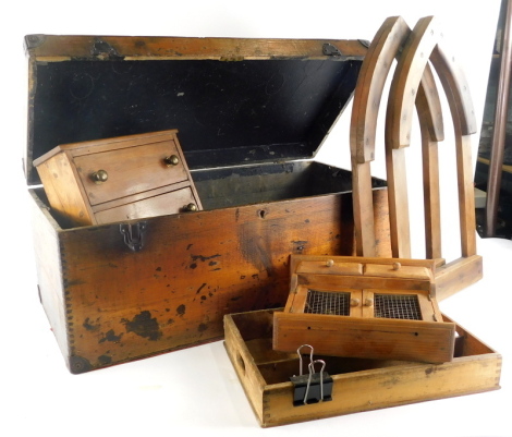 An early 20thC pine box, of rectangular form with metal mounts and estrucheons and plain interior, 65cm wide, and various other bygones, collectables, treen, frames, miniature furniture, cutlery tray, etc., (a quantity)