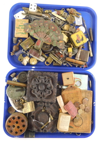 Various treen, bygones, advertising amateur peacock, articulated wooden childs figure, 18cm high, Junior advertising box, other advertising, Girl with a Pearl Earring box, other bygones, collectables, Milners safe badge, a pair of moulded Tudor rose style