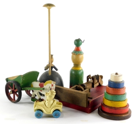 Various bygone toys, etc., graduated building block set, 17cm high, horse and cart treen figure etc., (a quantity).