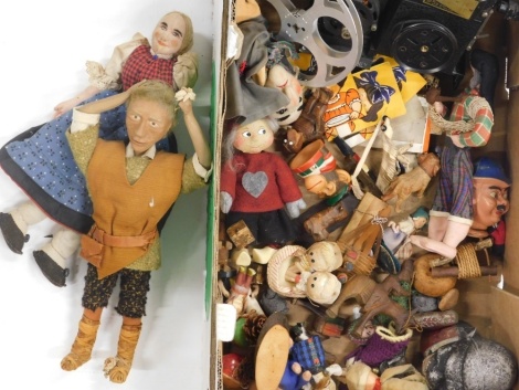Various bygones, collectables, toys, treen, etc., an interesting collection of various figures, cloth and others, a small quantity of coins, reproduction money box, pathescope reel camera, 33cm high, etc., (a quantity).