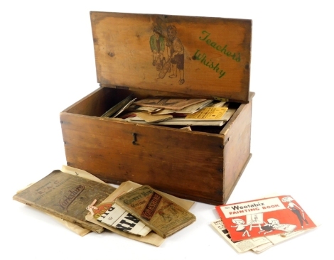 An early 20thC pine Teachers Whisky advertising The Right Spirit box, of rectangular form with hinged lid, 43cm wide, containing various ephemera advertising, paper clippings, etc., early newspapers, Bartholmew's maps, other cloth maps, Donington public m
