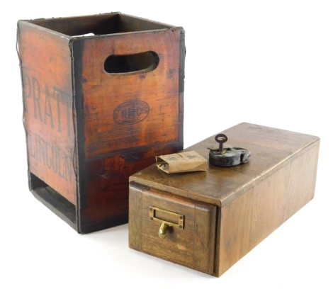 A Pratt of Lincoln pine bottle container, with pierced handles and sectional interior, 34cm high, 23cm wide, 21cm deep, an oak library card box with plain interior and a large padlock. (a quantity)