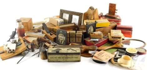 An interesting selection of bygones collectables, advertising packaging, boxes, etc., to include Spillikins, Dominoe boxes, 15cm wide, various other advertising, dartex and other card games, hand cork screws, bus tickets, double carved frame, two hand mir