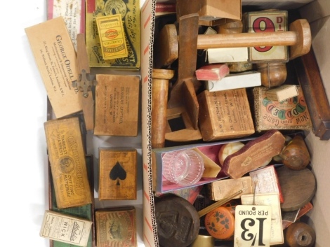 An interesting collection of various advertising early 20thC and other card packaging, various other items, wooden Tiddlywinks Chad Valley box, 12cm wide, tins, punch matches, thermometer, various jars, jar stand, stereoscopic viewer, beads, other adverti