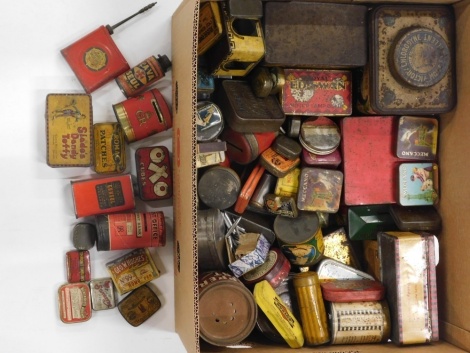 An interesting and varied selection of late 19thC and other advertising tins, to include Dunlop 7cm wide, Cat and dogs pepper dust, a Victory Chlorodyne tin, bygone Meccano tins, various gramophone needle tins with contents, various other advertising tins