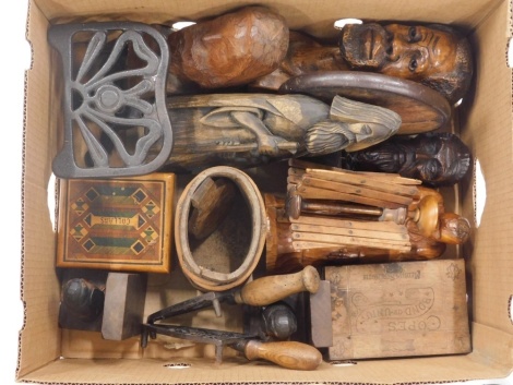 Various treen and effects, heavily carved figures, tribal style bust of a bearded gentleman, 28cm high, coat Bond of Union medium strength advertising cigar box, treen bookends, iron trivet, various other busts, carvings, etc. (a quantity)