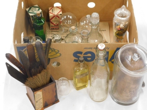 Various glassware, pharmaceutical and other bottles, fly catcher, straw hat dye Macks brand bottle, 11cm high, green glass poison bottle, various other items, a small quantity of treen advertising, etc. (a quantity)