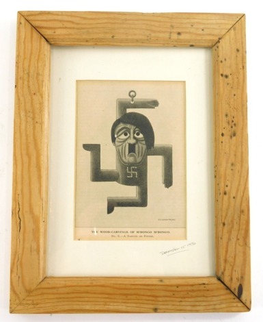 After Carstairs. The Wood carvings of M'Bongo M'Bongo print, with Hitlers face and swastika, hand written in pencil December 12th 1934, 16cm x 12cm, partially glazed and framed. (AF)