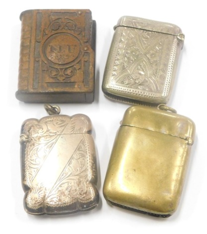 Various Vesta cases, a carved wooden example in the form of a book, initialled, 4cm high, (AF), a plated example of oblong form, another of shaped form and a further brass example, (4).