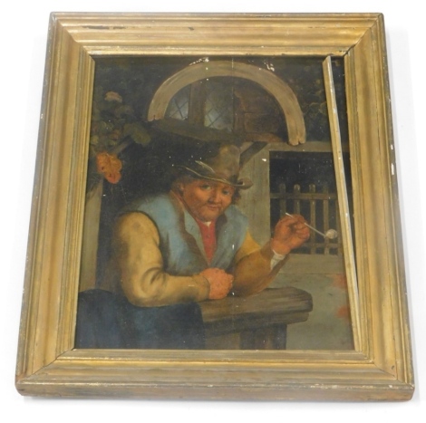 19thC Dutch School. Figure smoking pipe, interior tavern scene, oil on panel, unsigned, 52cm x 38cm, (AF).