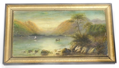 Winstanley (fl 1919). Lakeland scene, figures in boats before mountains, oil on canvas, signed and dated, 26cm x 73cm.