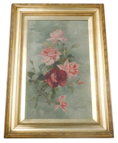L Holland (fl 1913). Still life roses, oil on canvas, signed and dated, 53cm x 36cm.