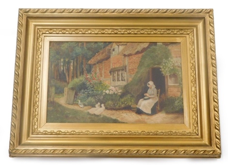 L Haynes (20thC). Figure of a lady sat outside cottage feeding ducks, oil on canvas, signed and dated, 26cm x 39cm.
