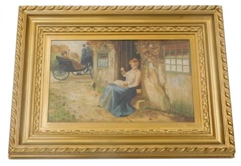 L Holland (20thC). Figure of a lady holding child before cottage, oil on canvas, signed and dated, 25cm x 39cm.