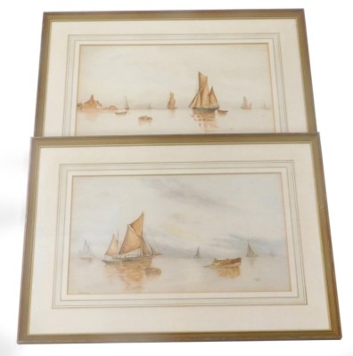 L Haynes (20thC). Boats drying sails before cottage and misty evening, watercolours, 26cm x 44cm. (a pair)