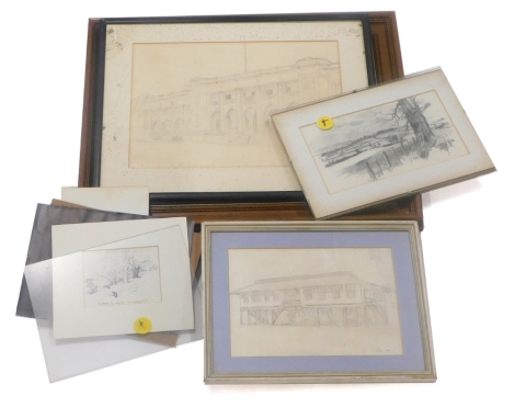 George Gavin Duffy (20thC). Architectural building, drawing sketch, with letter, mixed media, signed, 21cm x 31cm, a further architectural drawing, pencil sketches, prints, etc. (a quantity)