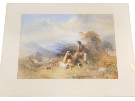 W. Evans (19thC). Figures seated in the hills with clouds gathering, watercolour, 53cm x 76cm.