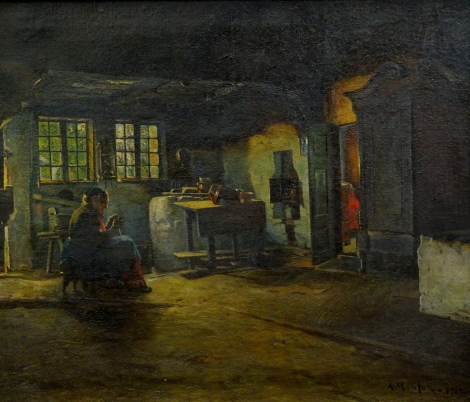 Anders Montan (1845-1917). Old lady in cottage interior, oil on canvas, signed and dated 1912, 56.5cm x 66cm.