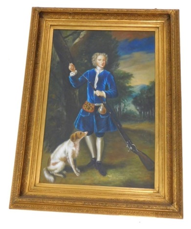 Late 20thC School. Portrait of a gentleman with a gun and a gun dog, dressed in blue, oil on canvas, 90cm x 60cm.