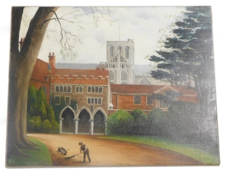 C R Compton (fl 1914). University courtyard before spire, oil on canvas, signed and dated, 41cm x 51cm.