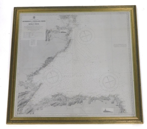 An early 20thC shipping map of Scotland East Coast from Peterhead to Pentland Firth, including Moray Firth, published from Admiralty surveys to 1913, 79cm x 85cm.